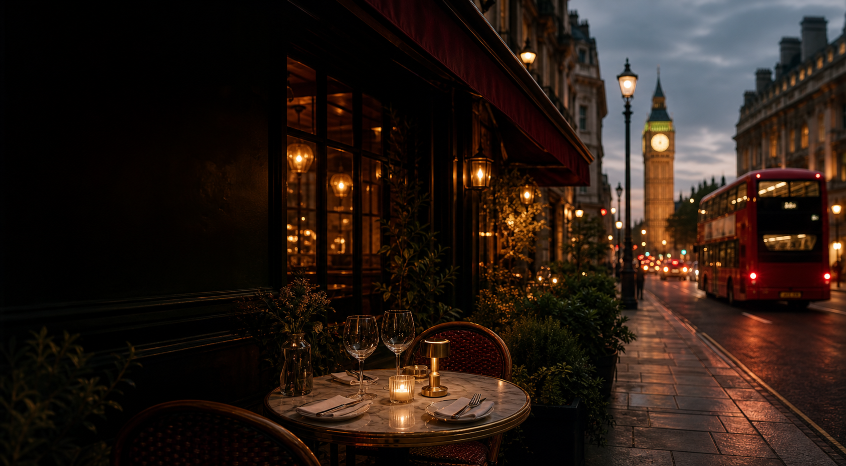 Londra di sera con tavolino elegante